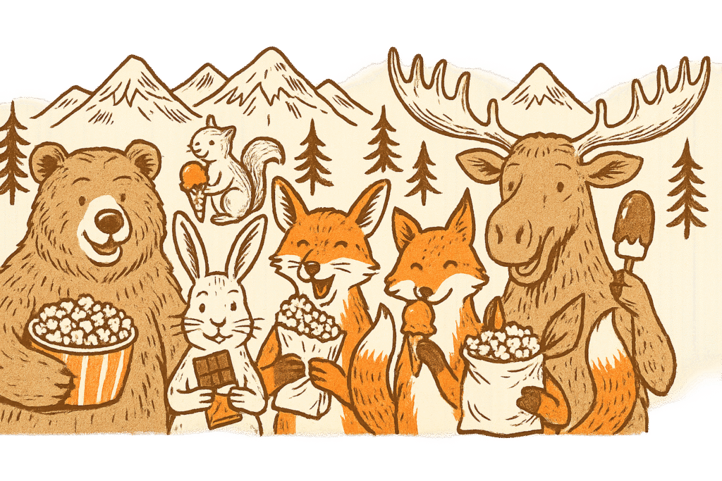 Illustration of woodland creatures eating snacks from Caramel Corn
