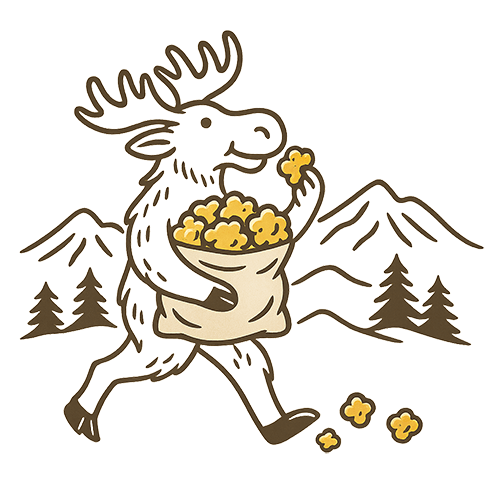 Illustration of an elk walking upright with a bag of caramel corn